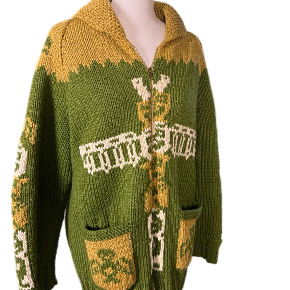 Vintage Cowichan Sweater Womens Size XL Green Totem Alaska Warm Heavy Cardigan - Picture 10 of 12